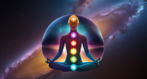 "Ilustração de uma figura meditativa em posição de lótus, com os sete chakras alinhados e brilhando em cores vibrantes, representando equilíbrio energético. Ao fundo, uma galáxia azul e roxa cria um ambiente místico e espiritual