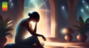 Mulher em um ambiente sereno, refletindo sobre bem-estar e energia, representando equilíbrio espiritual e saúde energética